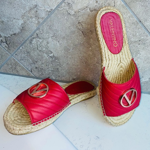 VALENTINO Red Clavel Quilted Leather Espadrille Slides - Picture 3 of 7